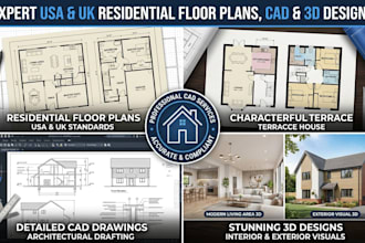 create USA and UK residential floor plans, cad drawings and 3d designs