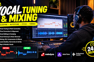 tune, edit, mix vocals with melodynn pitch, time correction autotune in 24 hrs