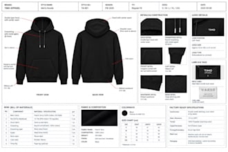 create hoodie tech pack with flat sketch, bom and factory ready specifications