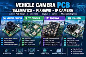 design vehicle camera, telematics, pixhawk debug adapter and IP camera pcb