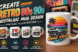 create retro 80s 90s nostalgic mug design vintage illustration