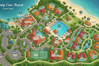 design resort map illustration, church map, hotel and site map