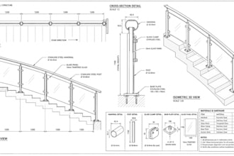 design a modern glass balustrade railing and 3d cad shop drawings