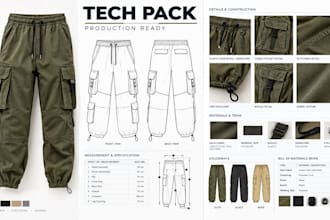 create tech pack for, cargo pants tech  and cargo jogger tech production ready