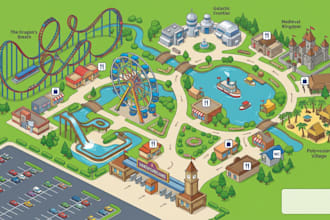 design isometric theme park map, zoo map, attraction and visitor guide map