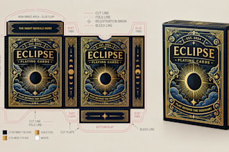 design tcg card game packaging, tuck box, deck box, open box, dieline, 3d mockup