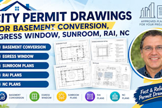 do city permit drawings for basement conversion, egress window sunroom in ral,nc