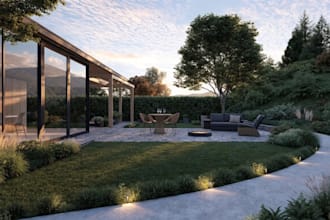 design landscape, backyard, garden and realistic 3d rendering