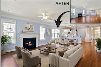 do realistic ai virtual staging real estate photos furniture and room renovation