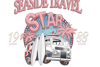 make a nostalgic hand drawn beach truck t shirt logo design