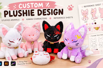 design custom plushies, stuffed animals, kawaii characters and reference sheets