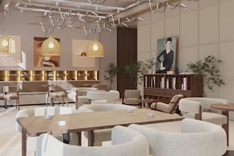 3d restobar interior,coffee house interior,cozy eatery layout, cgi bakery render