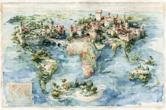 do a watercolor fantasy map or souvenir map illustration