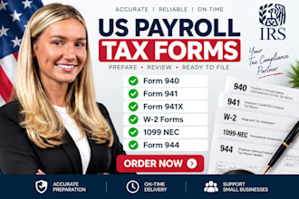 prepare irs payroll forms 940, 941, 941x, w2, 1099 nec and 944