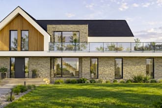 revitalize stone design, modern gable roof, two story house plan, 3d exterior
