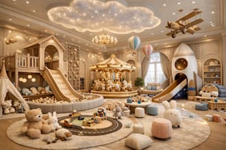 create luxury 3d kids room design, playroom, 3d playing ground design and render