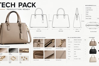 create a handbag tech pack for manufacturing with technical drawing