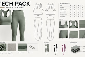 create an activewear tech pack for production with technical drawings