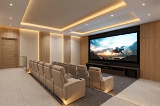 create realistic 3d home theater, cinema room, media and gaming room design