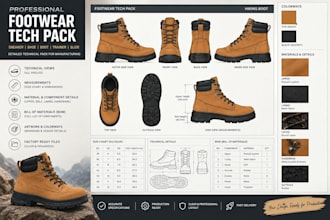 design a footwear, sneaker, boot, and shoe tech pack for manufacturing