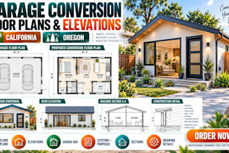 create garage conversion floor plans and elevations in california, oregon