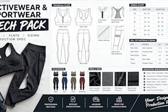 create activewear sportwear tech pack, bom, flats, sizing and production spec
