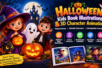 create halloween kids book illustrations and 3d character animation