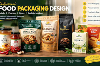 design food packaging, labels, pouches, boxes and realistic mockups