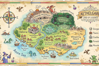 do draw cartoon fantasy map illustration, doodle hand drawn
