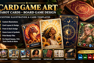 design card game art, tarot cards, board game illustration, card deck templates