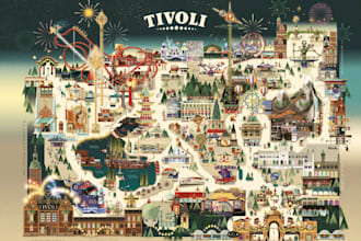 create amusement park map,festive fireworks background,vintage poster style,logo
