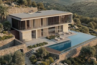 revamp 3d hillside mansion exterior, cliffside villa design,glass balcony render
