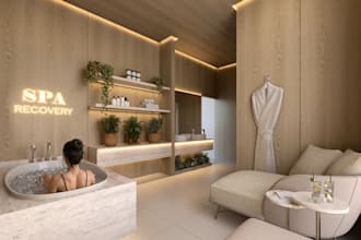 3d wellness, spa, massage room,game room, relaxation lounge,pilate studio render