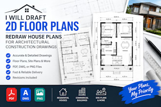 draft 2d floor plans, redraw house plans for architectural construction drawings