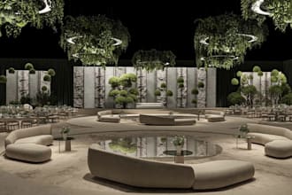 3d event stage, wedding hall, conference room, banquet space with 3d rendering