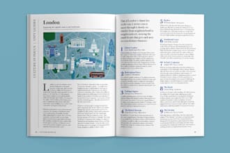 design illustrated city map,book editorial style, london tourism,magazine layout