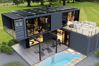 design modern container home, restaurant, cafe, shop, garden shed, cottage in 3d