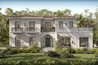 revit luxury villa house,cgi mediterranean building render,curated garden design