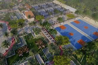 revive 3d sport facility,padel court,pickleball render,outdoor game area,vr tour