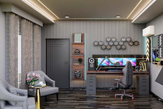 sketchup pro 3d gaming room design, studio setup presentation sketch, d5 render