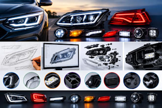 design automotive headlight, tail light and led housing in 3d cad