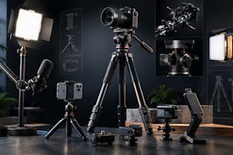 design creator gear, streaming equipment, tripod, led light, microphone
