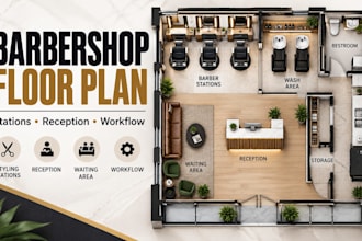 design barber salon, 2d floor plan with stations, reception and layout