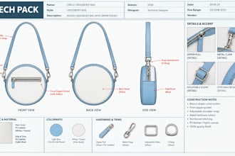 create luxury handbag tech pack for leather purses crossbody bags, fashion bags