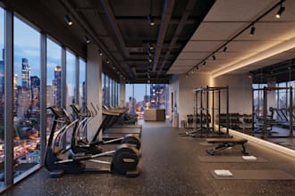 design 3d gym interior, commercial gym, fitness center, 3d renders