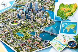unique draw city map, buildings, landmark map, country map, destination map