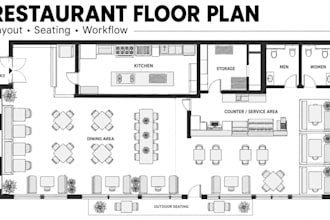 design restaurant cafe 2d floor plan with kitchen, seating and layout