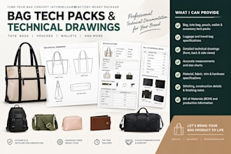 create bag tech packs, tote bags, pouches, wallets, tote bag technical drawings