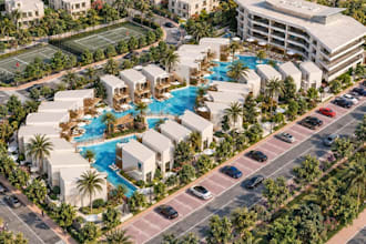 produce 3d luxury resort master plan,tropical landscape, sport facilities render