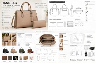 create handbag tech pack, purse design, fashion, handbags,leather wallet bom